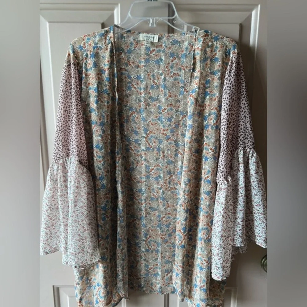 Pink Brown Sheer Bell Sleeve Ditzy Floral Boho Kimono Robe Boho EUC M/L #1474
